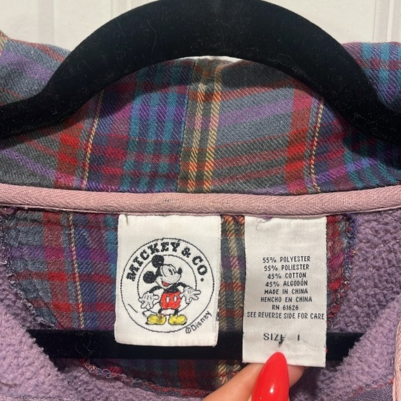 Vintage Mickey Mouse Hoodie Plaid Purple Navy VTG Colorblock Disney - Picture 3 of 11